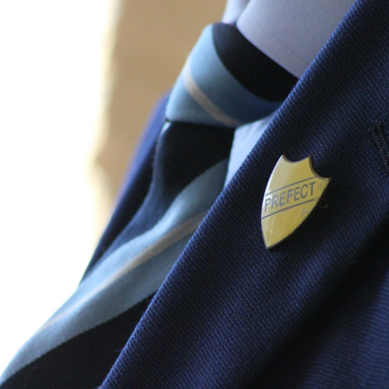 A navy school blazer with a prefect badge and striped tie